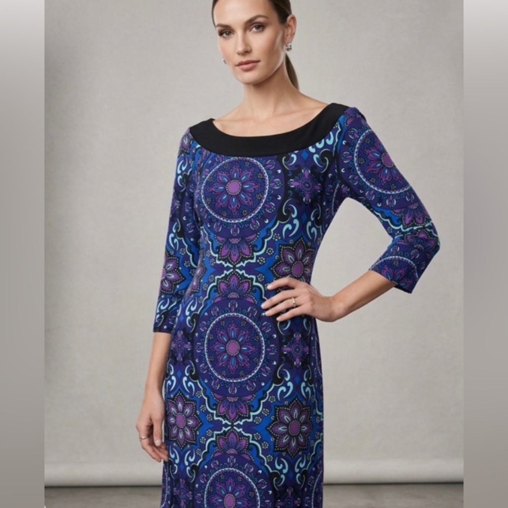 Tiana B Women's MED Multi-Color 3/4 Sleeves Stretch Shift Dress Purple paisley